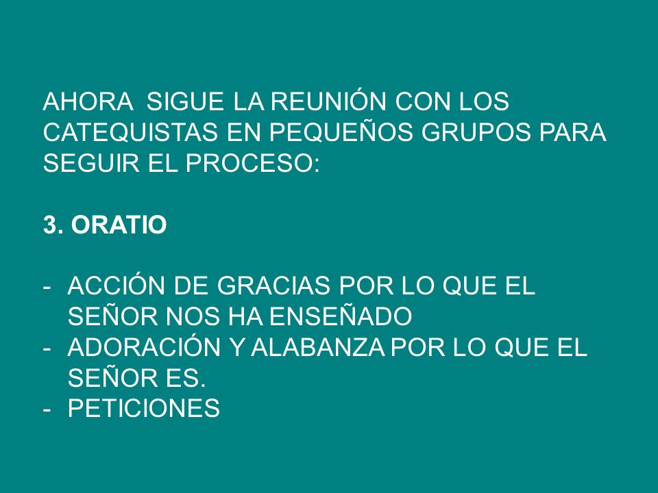 AHORA SIGUE LA REUNIÓN CON LOS CATEQUISTAS EN PEQUEÑOS GRUPOS PARA SEGUIR EL PROCESO: