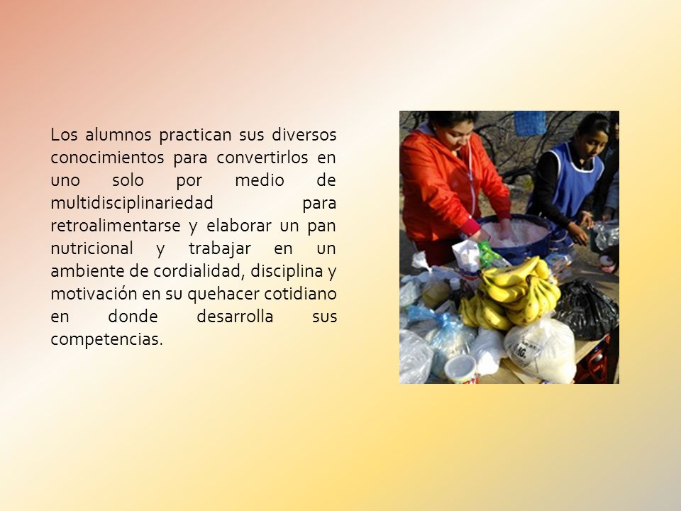 Los alumnos practican sus diversos conocimientos para convertirlos en uno solo por medio de multidisciplinariedad para retroalimentarse y elaborar un pan nutricional y trabajar en un ambiente de cordialidad, disciplina y motivación en su quehacer cotidiano en donde desarrolla sus competencias.