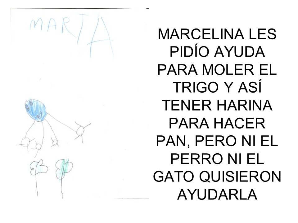 MARCELINA LES PIDÍO AYUDA PARA MOLER EL TRIGO Y ASÍ TENER HARINA PARA HACER PAN, PERO NI EL PERRO NI EL GATO QUISIERON AYUDARLA