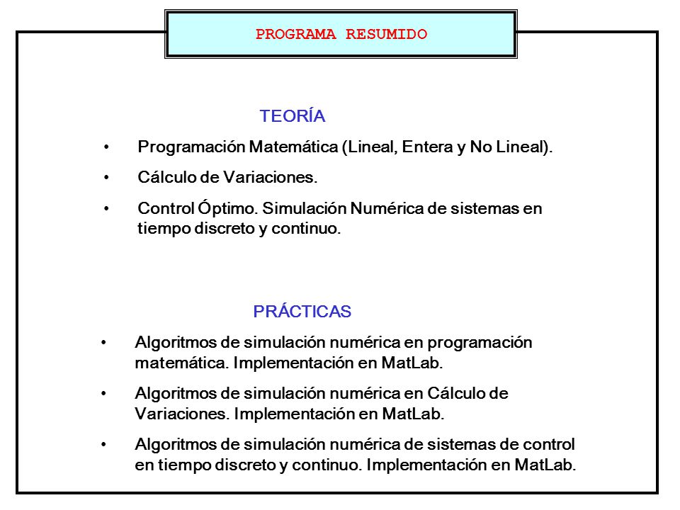 PROGRAMA RESUMIDO TEORÍA. Programación Matemática (Lineal, Entera y No Lineal). Cálculo de Variaciones.