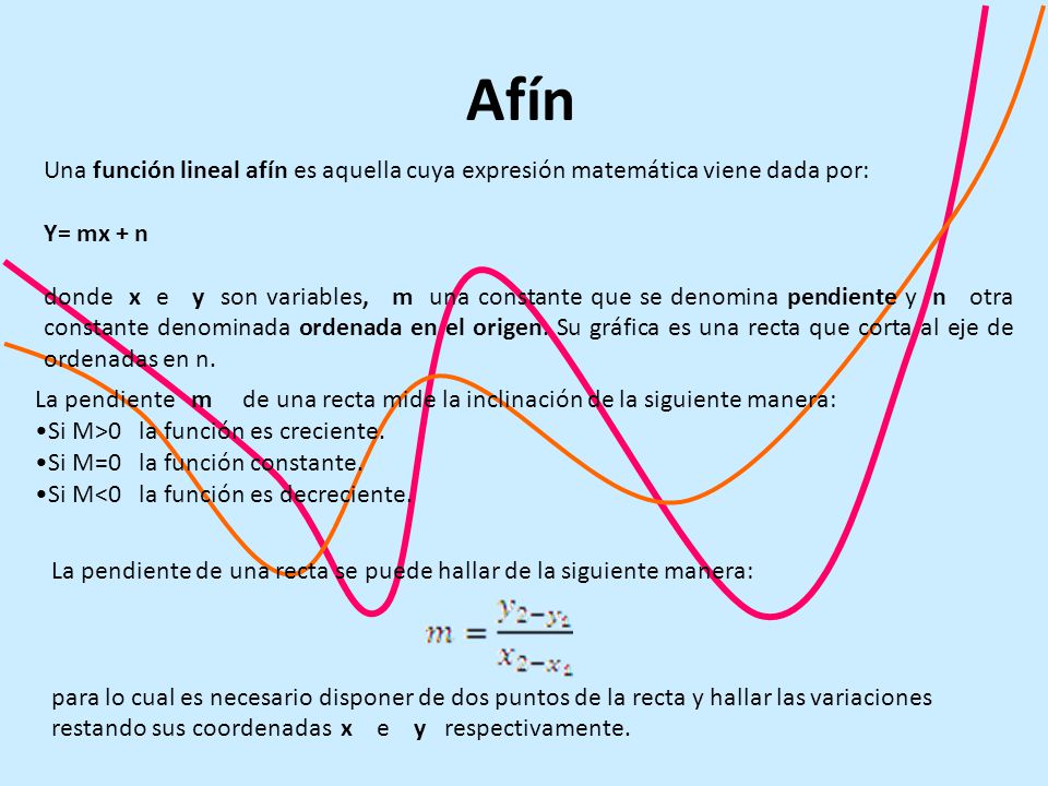 Afín Una función lineal afín es aquella cuya expresión matemática viene dada por: Y= mx + n.
