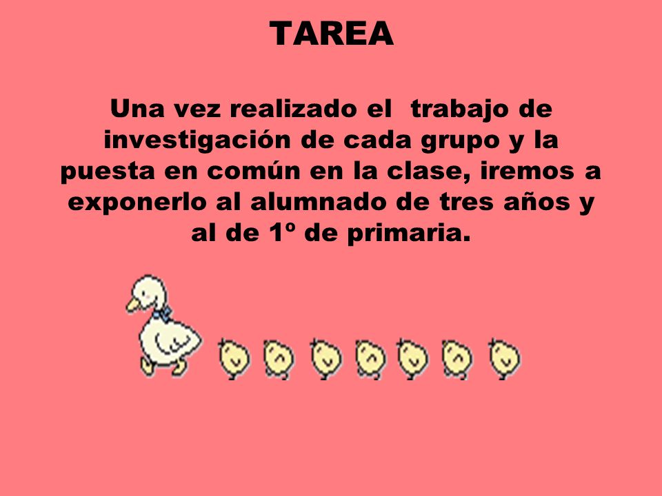 TAREA Una vez realizado el trabajo de investigación de cada grupo y la puesta en común en la clase, iremos a exponerlo al alumnado de tres años y al de 1º de primaria.