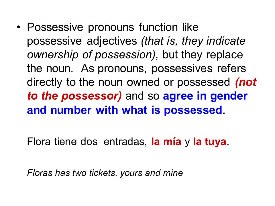 Possessive pronouns function like possessive adjectives (that is, they indicate ownership of possession), but they replace the noun. As pronouns, possessives refers directly to the noun owned or possessed (not to the possessor) and so agree in gender and number with what is possessed.