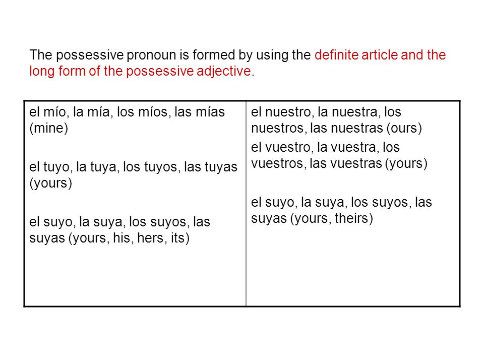 The possessive pronoun is formed by using the definite article and the long form of the possessive adjective.