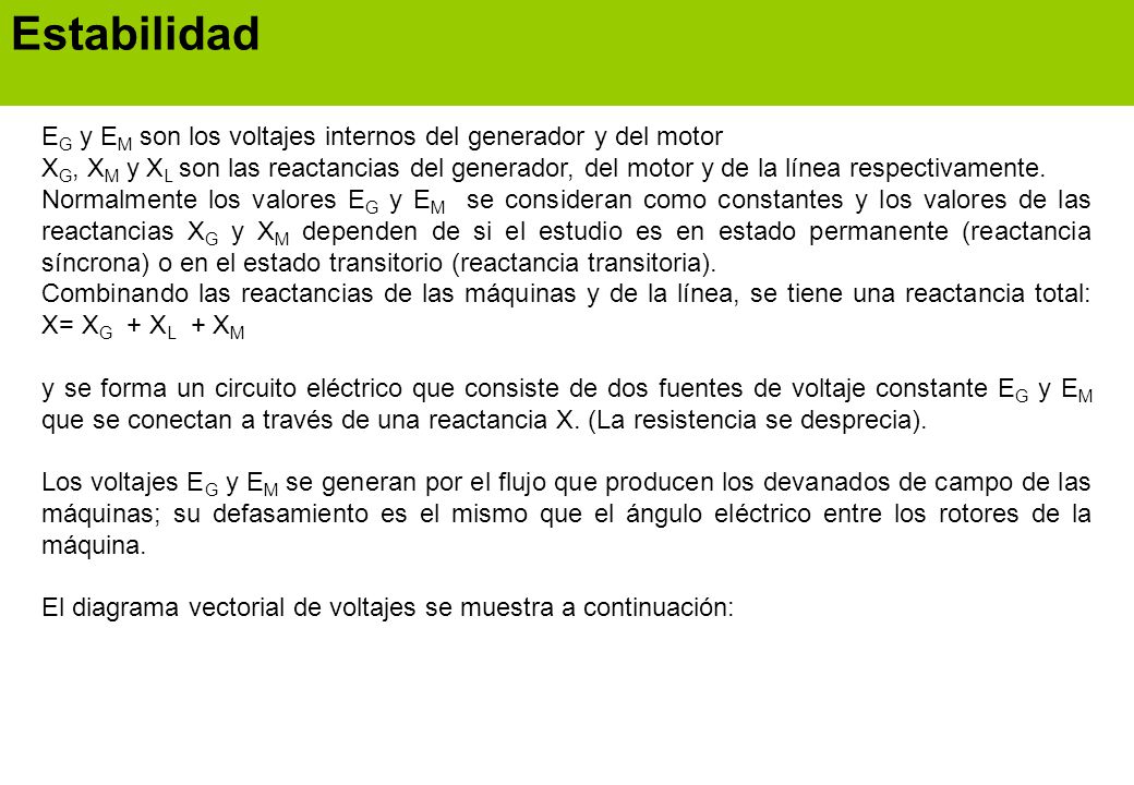 Estabilidad EG y EM son los voltajes internos del generador y del motor.