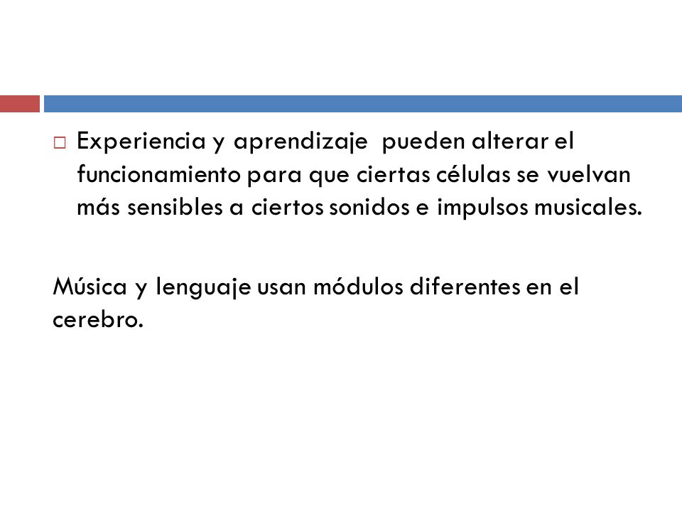 Experiencia y aprendizaje pueden alterar el funcionamiento para que ciertas células se vuelvan más sensibles a ciertos sonidos e impulsos musicales.