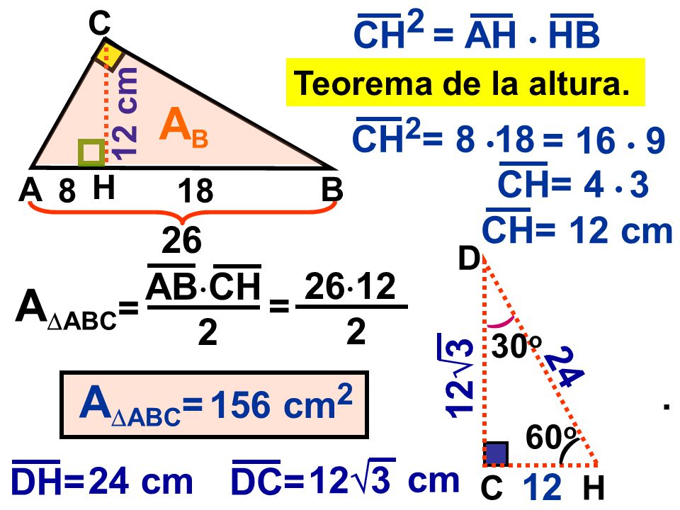 AB AABC= AABC= CH2 = AH • HB CH2= 8 •18 = 16 • 9 CH= 4 • 3 CH= 12 cm