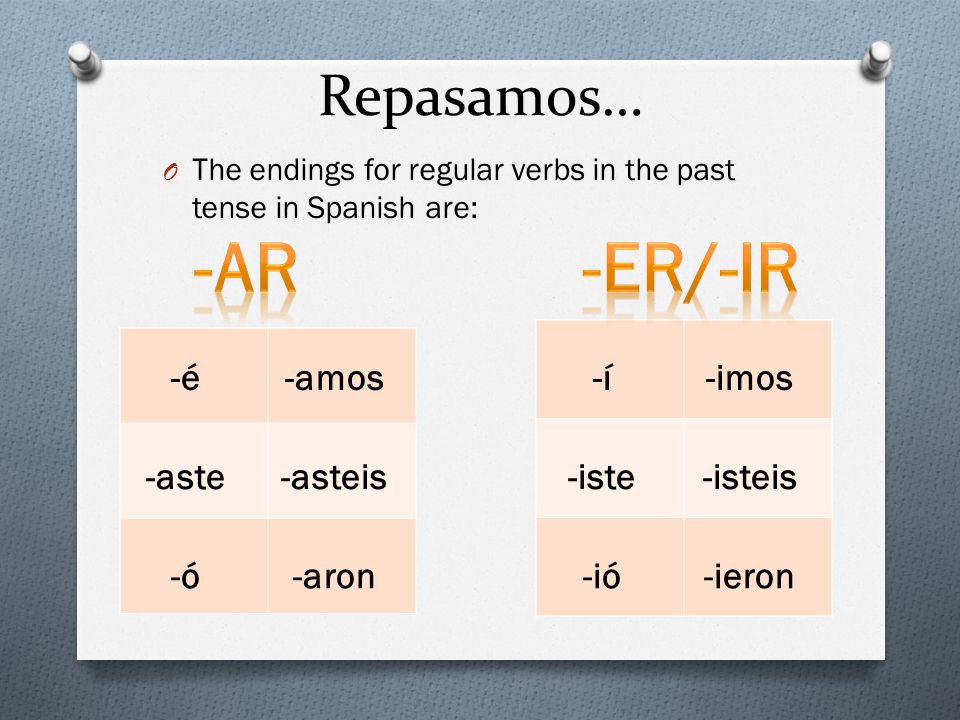 -ar -er/-ir Repasamos… -é -amos -aste -asteis -ó -aron -í -imos -iste