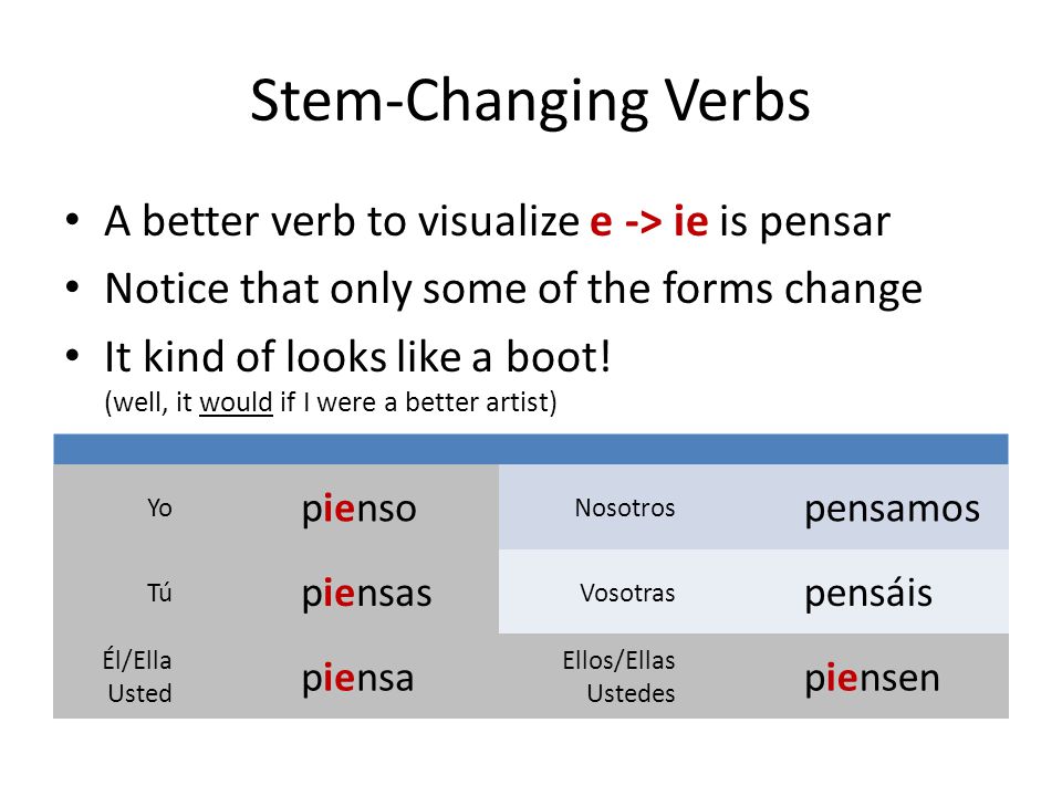 Stem-Changing Verbs A better verb to visualize e -> ie is pensar