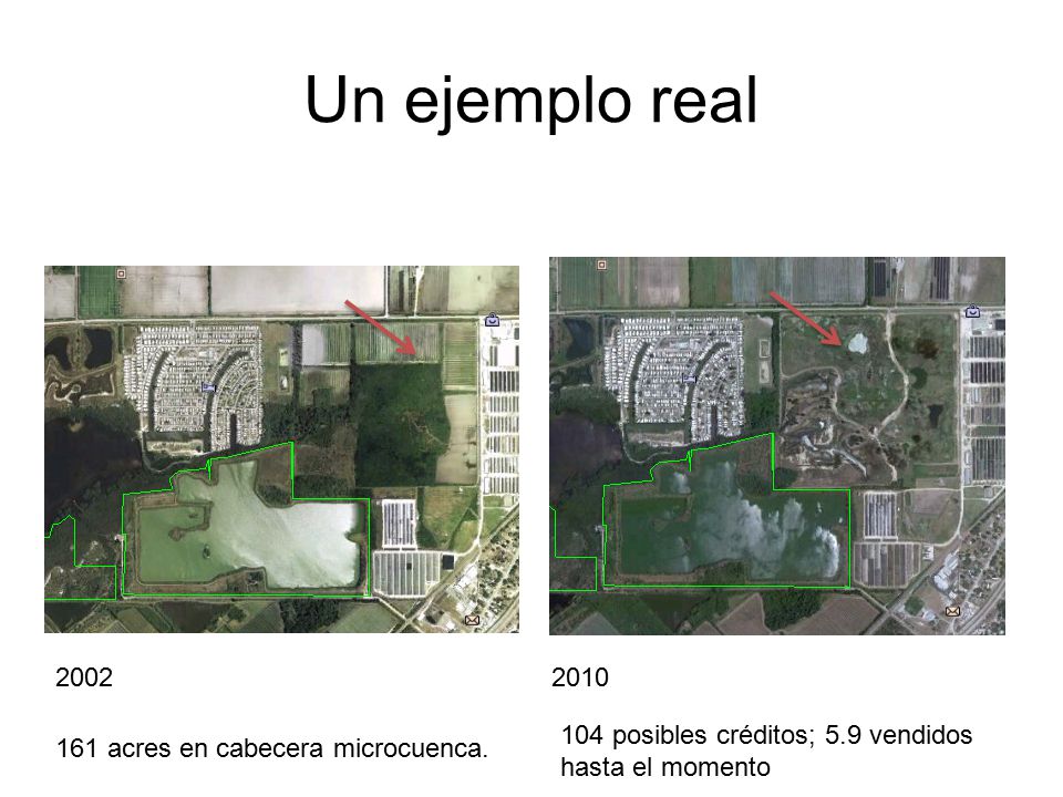 Un ejemplo real 104 posibles creditos; 5.9 vendidos hasta el momento. 161 acres of land surrounding the headwaters of Andrews Creek,