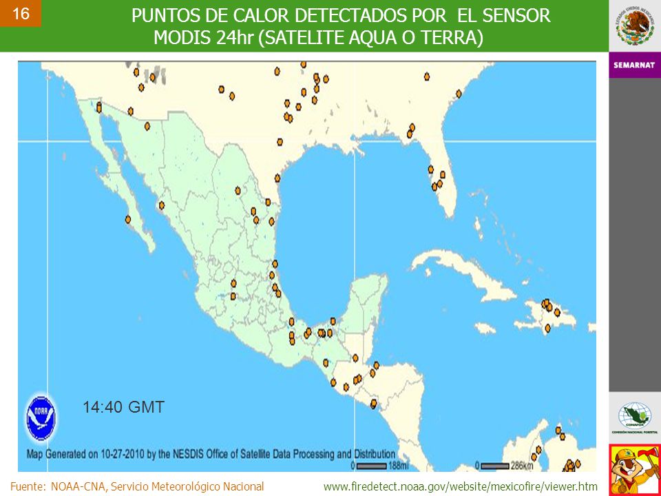 16 PUNTOS DE CALOR DETECTADOS POR EL SENSOR MODIS 24hr (SATELITE AQUA O TERRA) 14:40 GMT. Fuente: NOAA-CNA, Servicio Meteorológico Nacional.
