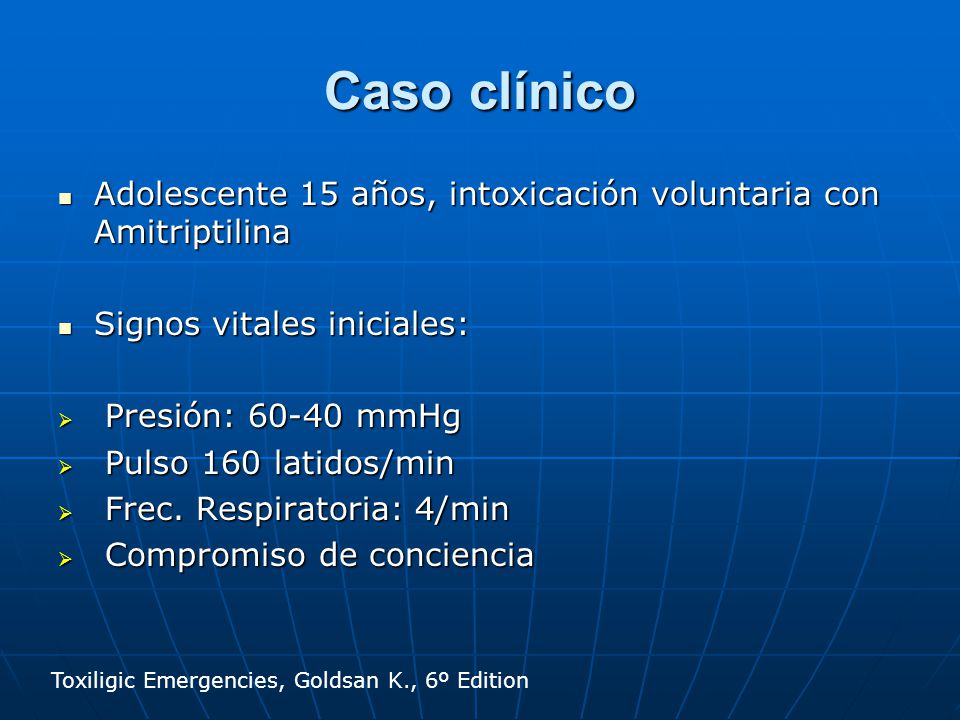 Caso clínico Adolescente 15 años, intoxicación voluntaria con Amitriptilina. Signos vitales iniciales: