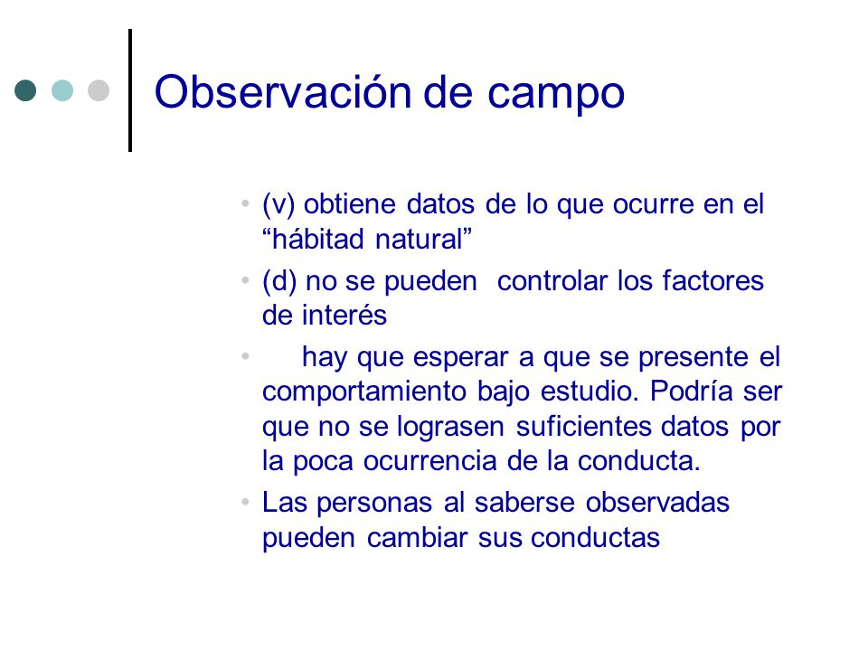Observación de campo (v) obtiene datos de lo que ocurre en el hábitad natural (d) no se pueden controlar los factores de interés.