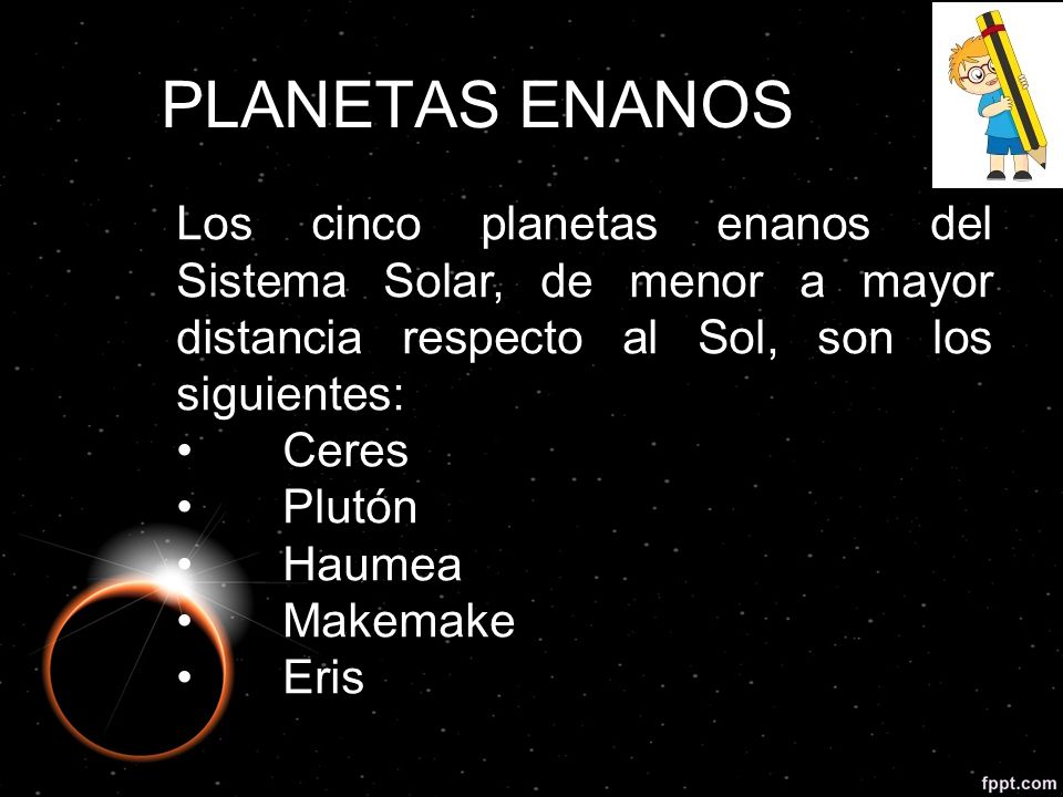 PLANETAS ENANOS Los cinco planetas enanos del Sistema Solar, de menor a mayor distancia respecto al Sol, son los siguientes: