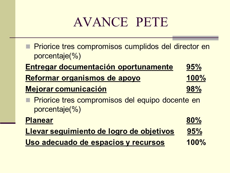 AVANCE PETE Priorice tres compromisos cumplidos del director en porcentaje(%) Entregar documentación oportunamente 95%