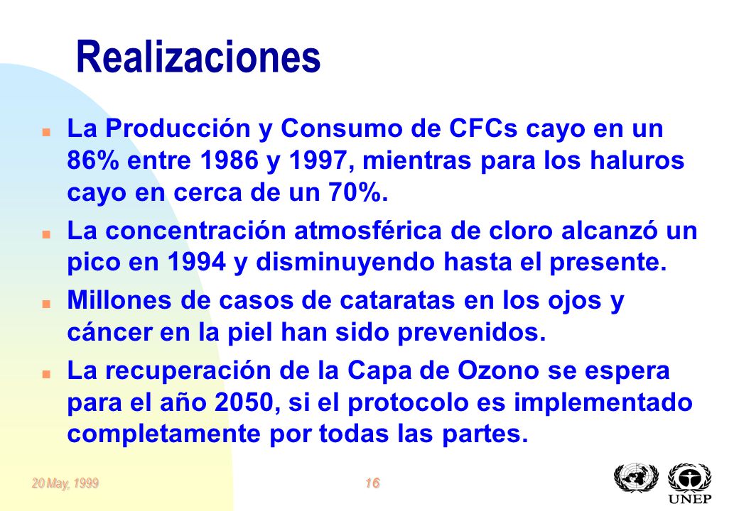 Realizaciones La Producción y Consumo de CFCs cayo en un 86% entre 1986 y 1997, mientras para los haluros cayo en cerca de un 70%.