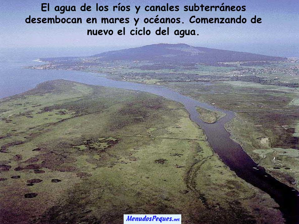 El agua de los ríos y canales subterráneos desembocan en mares y océanos.