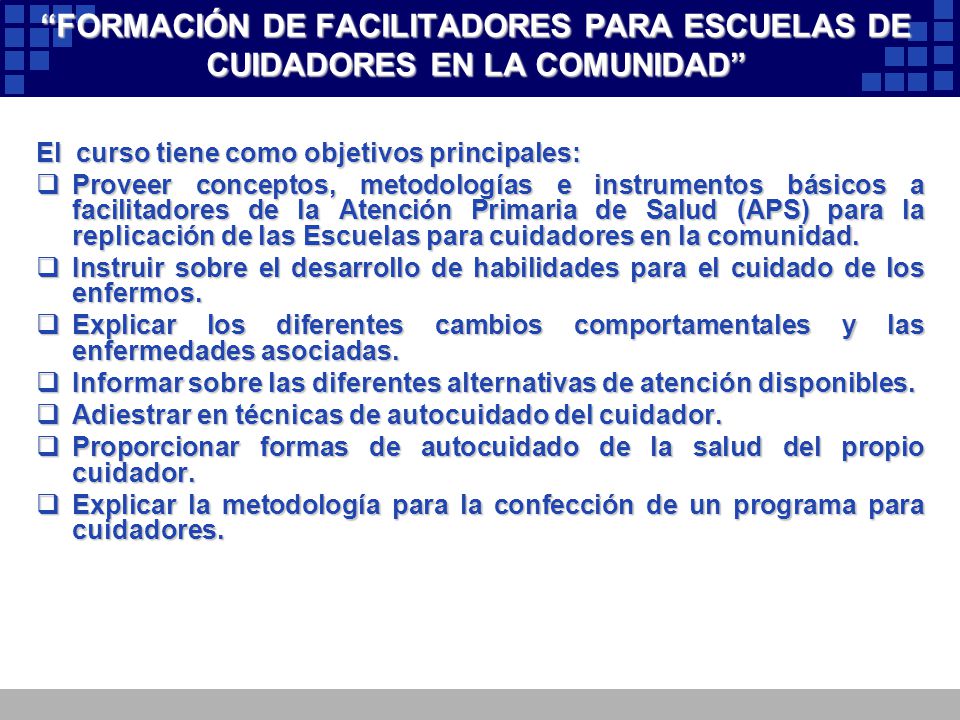 FORMACIÓN DE FACILITADORES PARA ESCUELAS DE CUIDADORES EN LA COMUNIDAD