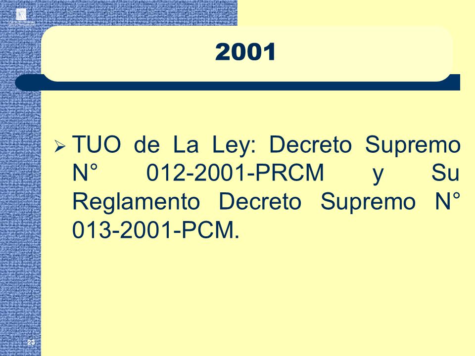 2001 TUO de La Ley: Decreto Supremo N° PRCM y Su Reglamento Decreto Supremo N° PCM.