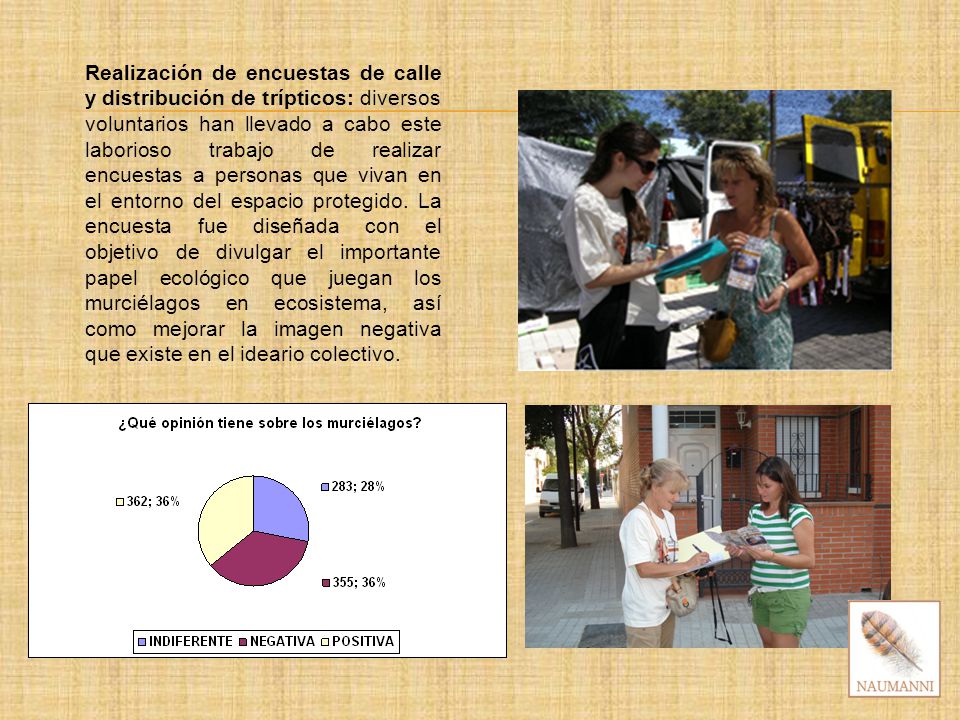 Realización de encuestas de calle y distribución de trípticos: diversos voluntarios han llevado a cabo este laborioso trabajo de realizar encuestas a personas que vivan en el entorno del espacio protegido.