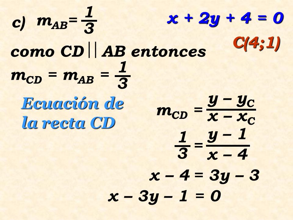 1 3. mAB= x + 2y + 4 = 0. c) C(4;1) como CD AB entonces mCD = mAB = y – yC. mCD = x – xC.