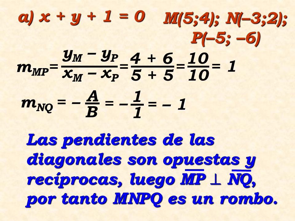 a) x + y + 1 = 0. M(5;4); N(–3;2); P(–5; –6) mMP= yM – yP. xM – xP = 10. = = 1.