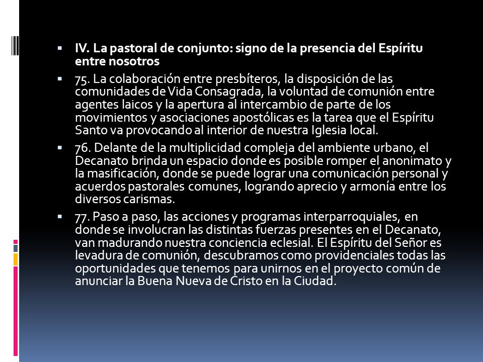 IV. La pastoral de conjunto: signo de la presencia del Espíritu entre nosotros