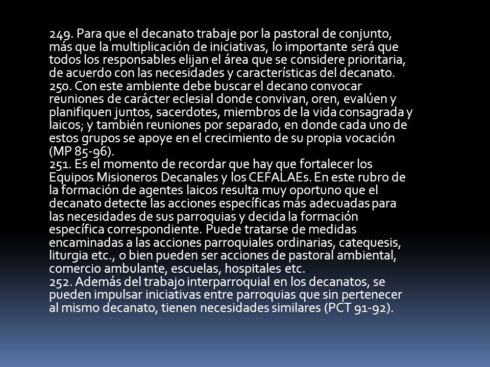 249. Para que el decanato trabaje por la pastoral de conjunto, más que la multiplicación de iniciativas, lo importante será que todos los responsables elijan el área que se considere prioritaria, de acuerdo con las necesidades y características del decanato.