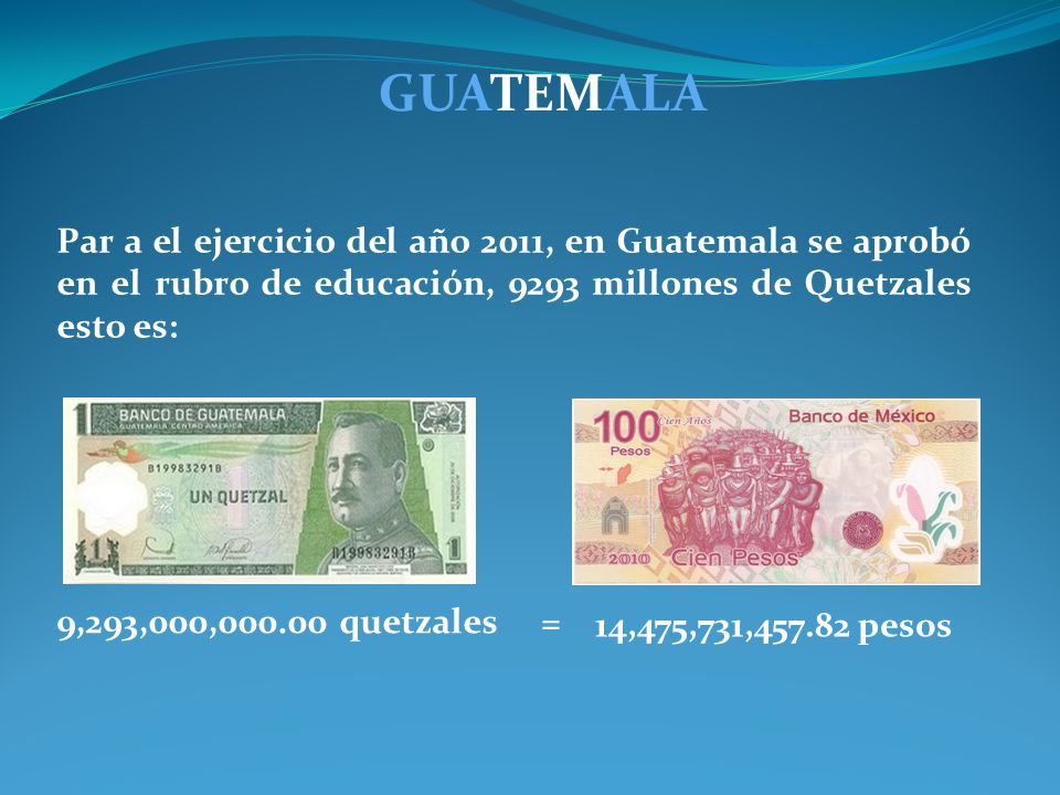 GUATEMALA Par a el ejercicio del año 2011, en Guatemala se aprobó en el rubro de educación, 9293 millones de Quetzales esto es: