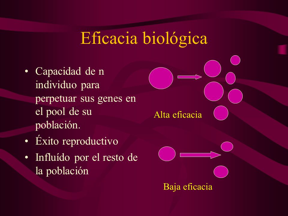 Eficacia biológica Capacidad de n individuo para perpetuar sus genes en el pool de su población. Éxito reproductivo.