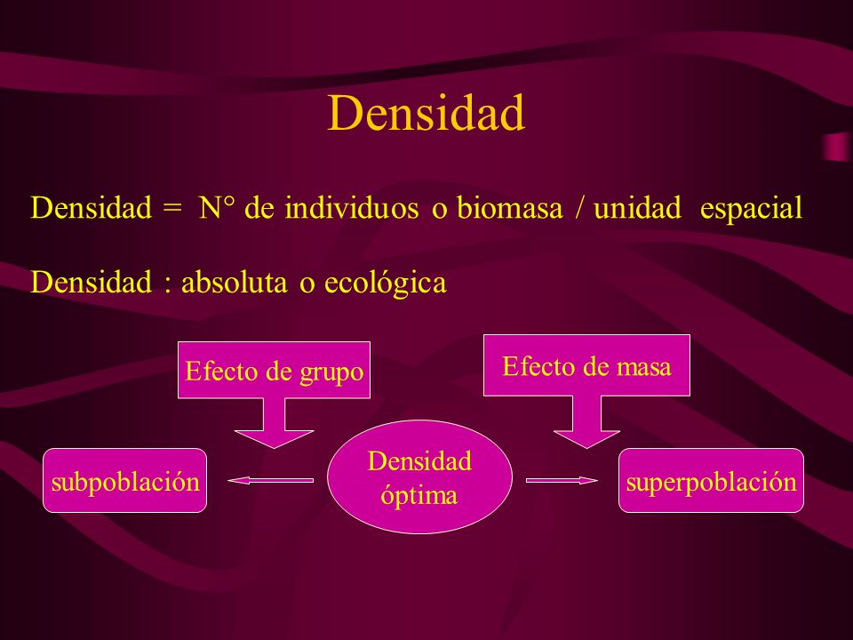 Densidad Densidad = N° de individuos o biomasa / unidad espacial