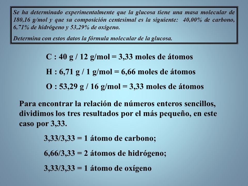 C : 40 g / 12 g/mol = 3,33 moles de átomos