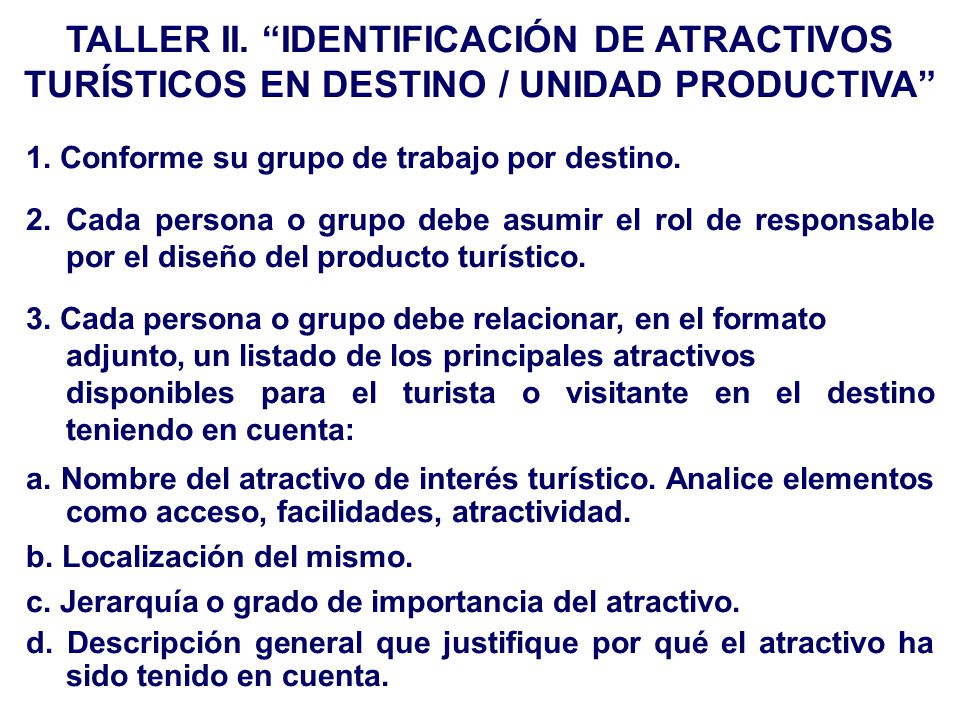 TALLER II. IDENTIFICACIÓN DE ATRACTIVOS TURÍSTICOS EN DESTINO / UNIDAD PRODUCTIVA