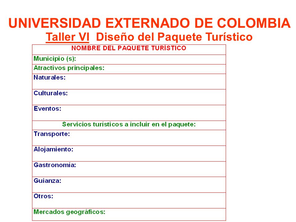 UNIVERSIDAD EXTERNADO DE COLOMBIA Taller VI Diseño del Paquete Turístico