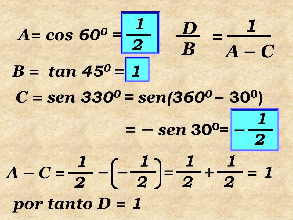 1 D = B A – C = – sen 300= – 1 2 A= cos 600 = B = tan 450 = 1
