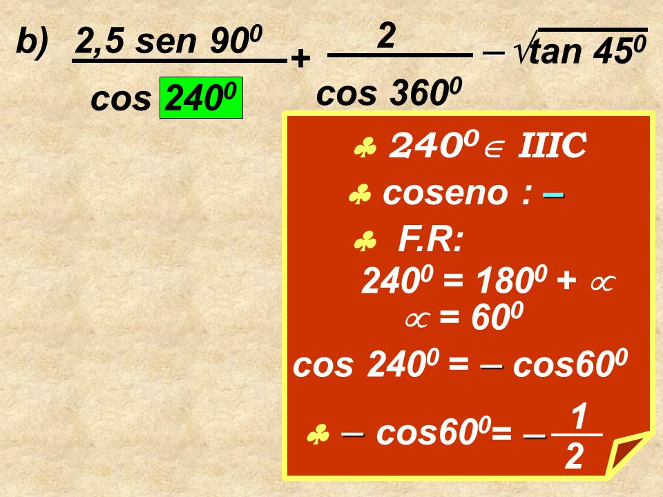 b) 2,5 sen 900. cos cos –tan 450.  2400 IIIC.  coseno : –  F.R: 2400 = 