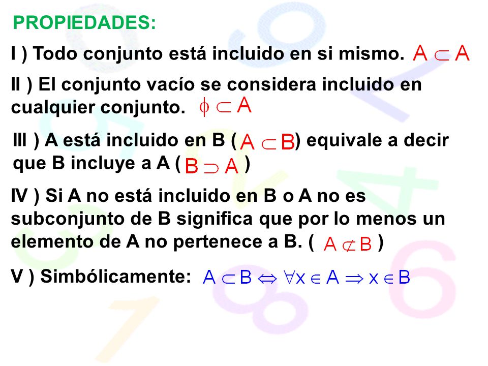 PROPIEDADES: I ) Todo conjunto está incluido en si mismo. II ) El conjunto vacío se considera incluido en cualquier conjunto.
