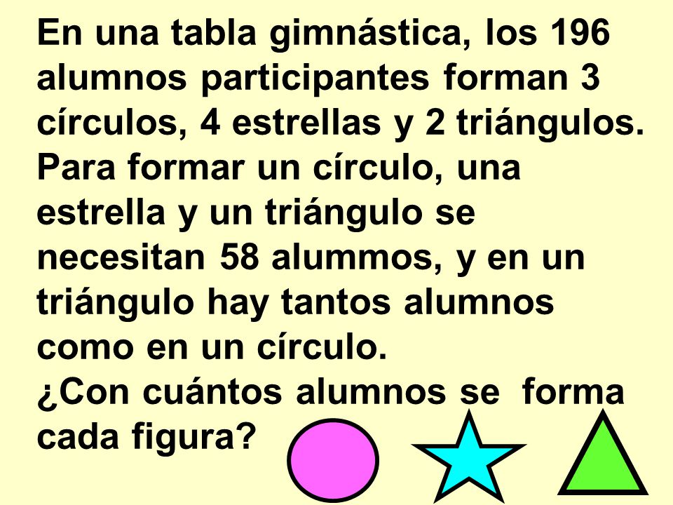 En una tabla gimnástica, los 196 alumnos participantes forman 3 círculos, 4 estrellas y 2 triángulos.