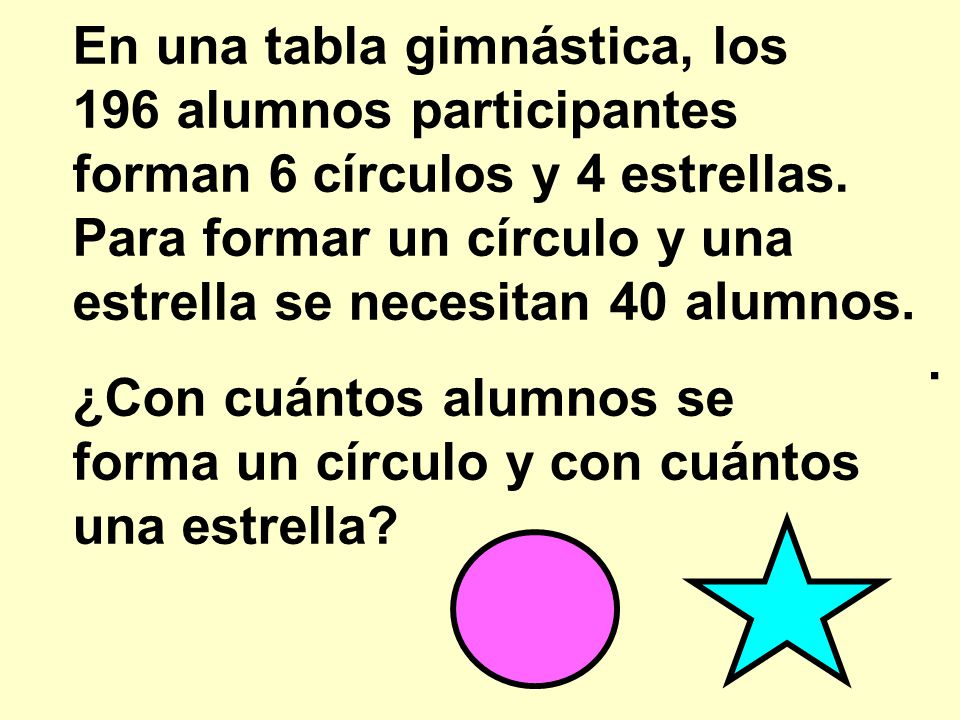 En una tabla gimnástica, los 196 alumnos participantes forman 6 círculos y 4 estrellas. Para formar un círculo y una estrella se necesitan 40