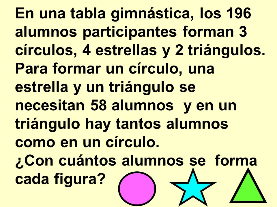 En una tabla gimnástica, los 196 alumnos participantes forman 3 círculos, 4 estrellas y 2 triángulos.