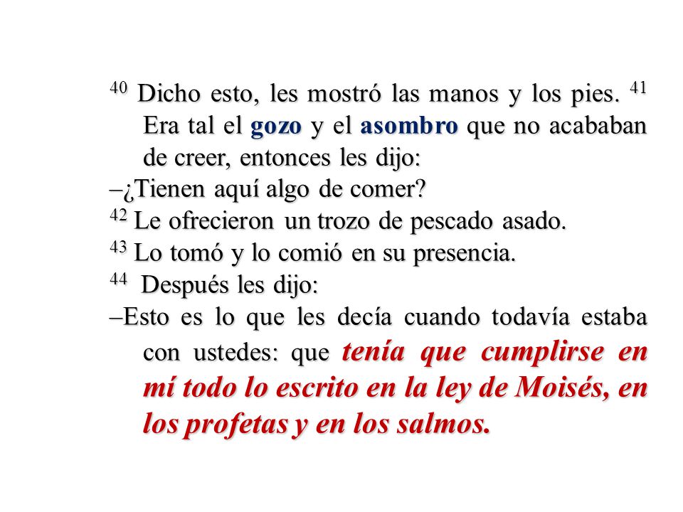 40 Dicho esto, les mostró las manos y los pies