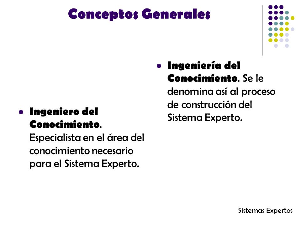Conceptos Generales Ingeniería del Conocimiento. Se le denomina así al proceso de construcción del Sistema Experto.