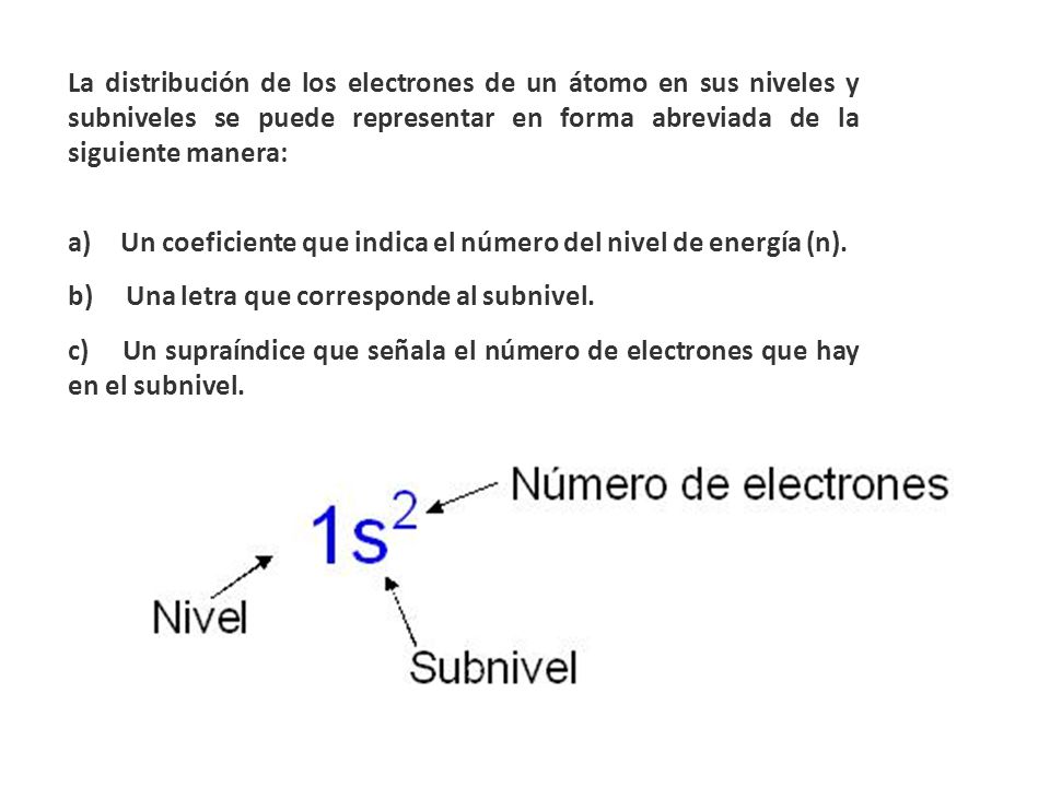 La distribución de los electrones de un átomo en sus niveles y subniveles se puede representar en forma abreviada de la siguiente manera: