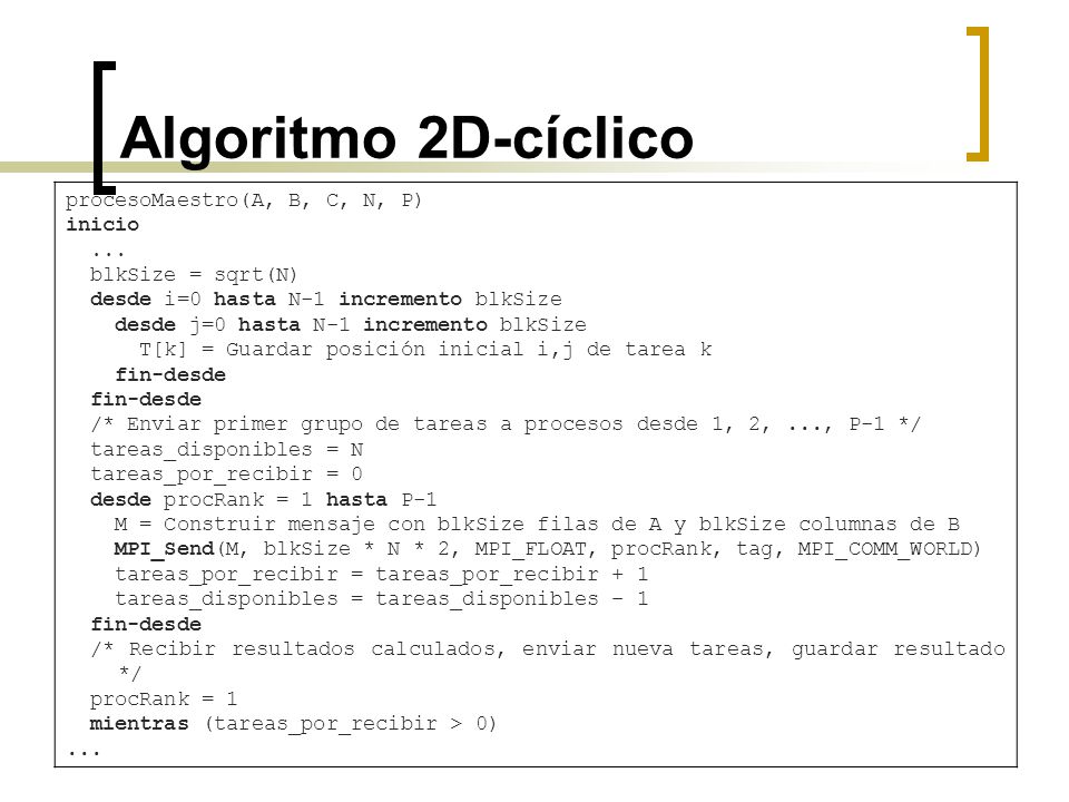 Algoritmo 2D-cíclico procesoMaestro(A, B, C, N, P) inicio ...