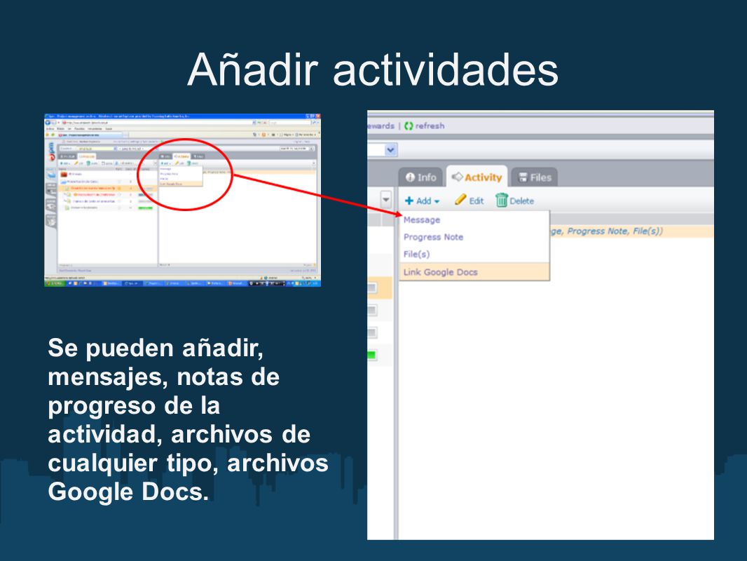 Añadir actividades Se pueden añadir, mensajes, notas de progreso de la actividad, archivos de cualquier tipo, archivos Google Docs.