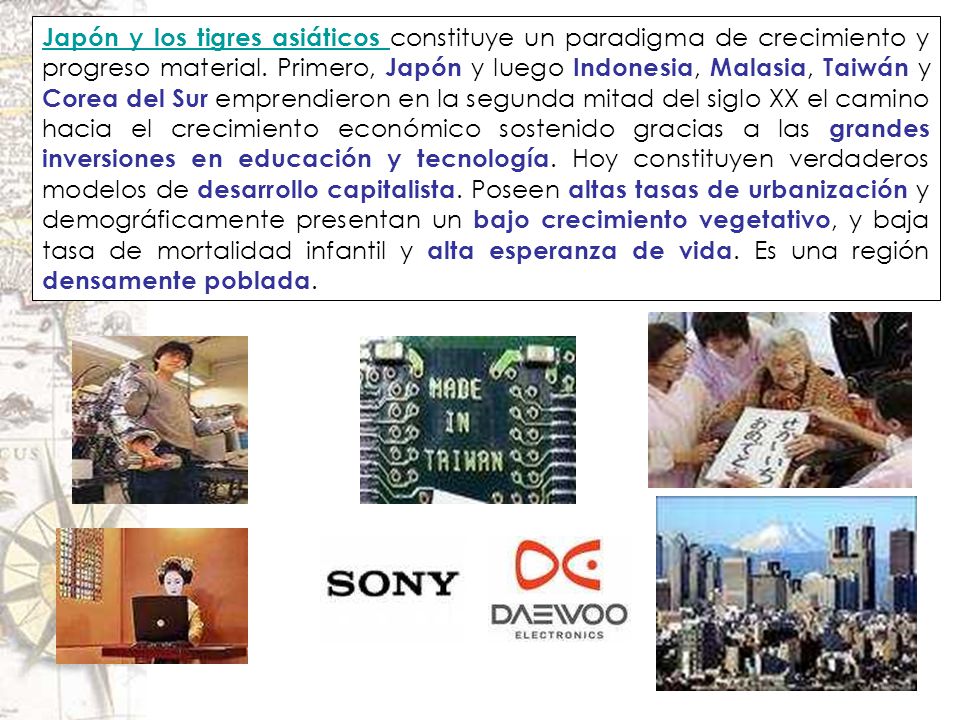 Japón y los tigres asiáticos constituye un paradigma de crecimiento y progreso material. Primero, Japón y luego Indonesia, Malasia, Taiwán y Corea del Sur emprendieron en la segunda mitad del siglo XX el camino hacia el crecimiento económico sostenido gracias a las grandes inversiones en educación y tecnología. Hoy constituyen verdaderos modelos de desarrollo capitalista. Poseen altas tasas de urbanización y demográficamente presentan un bajo crecimiento vegetativo, y baja tasa de mortalidad infantil y alta esperanza de vida. Es una región densamente poblada.