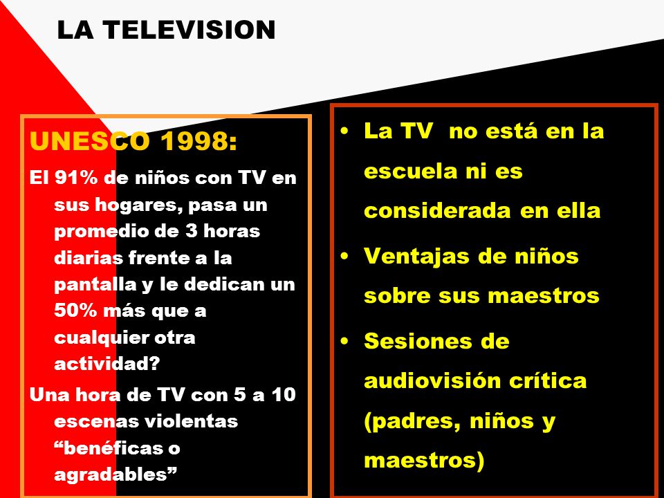 LA TELEVISION La TV no está en la escuela ni es considerada en ella. Ventajas de niños sobre sus maestros.