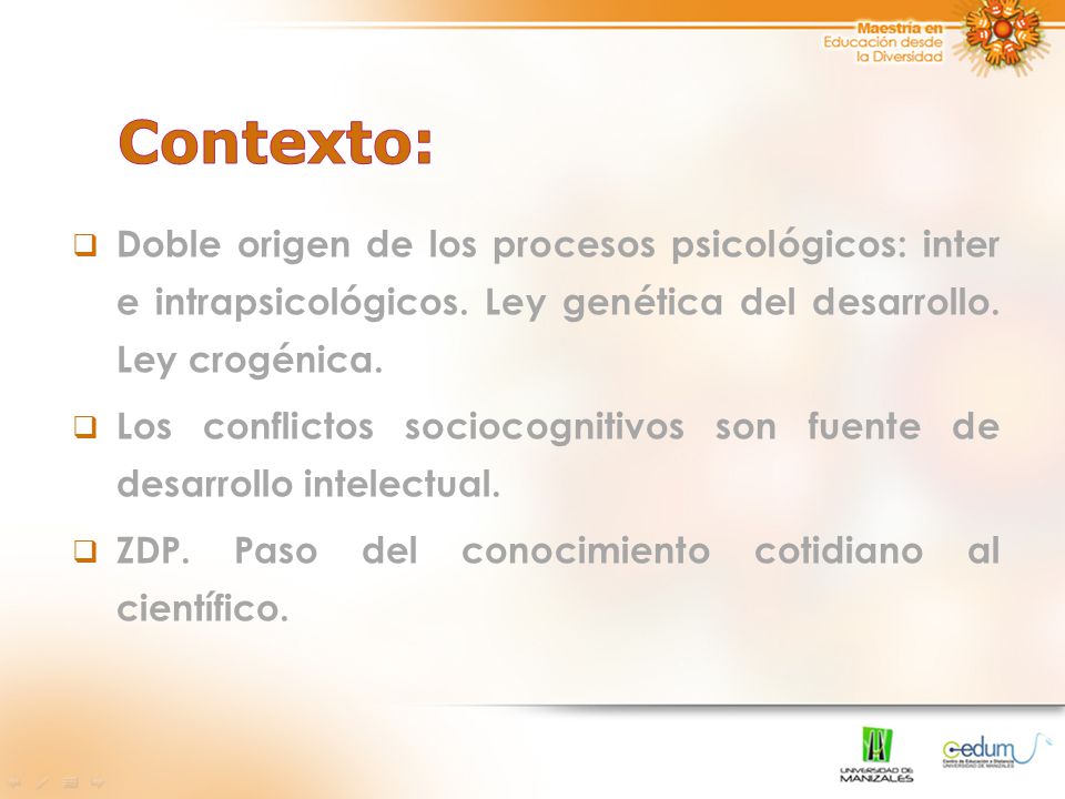 Contexto: Doble origen de los procesos psicológicos: inter e intrapsicológicos. Ley genética del desarrollo. Ley crogénica.