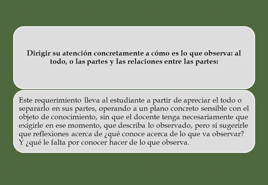 Dirigir su atención concretamente a cómo es lo que observa: al todo, o las partes y las relaciones entre las partes: