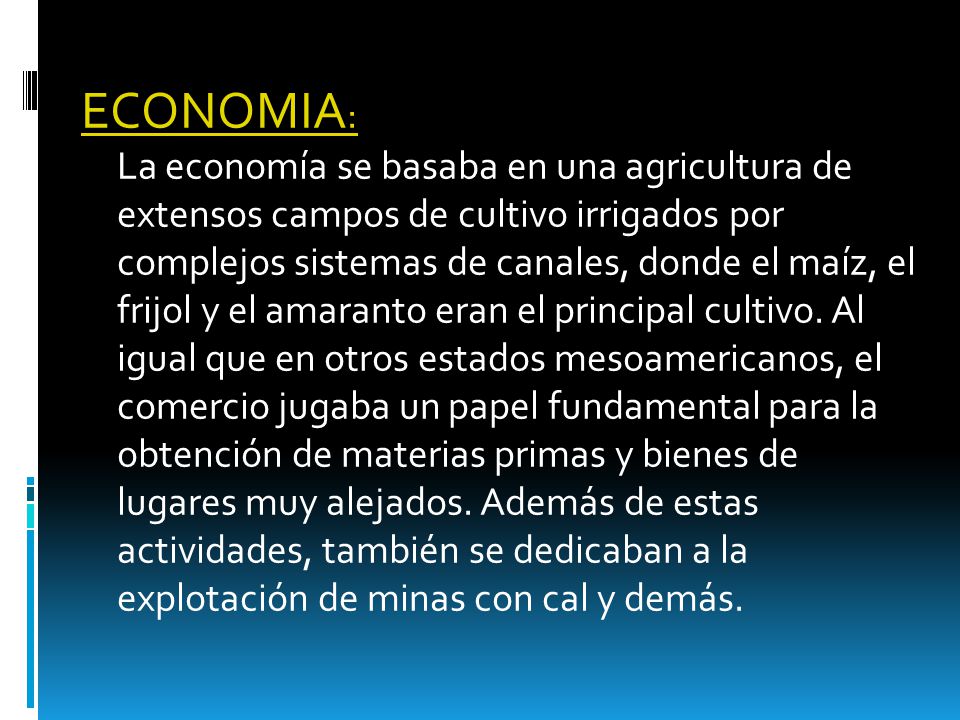 ECONOMIA: La economía se basaba en una agricultura de extensos campos de cultivo irrigados por complejos sistemas de canales, donde el maíz, el frijol y el amaranto eran el principal cultivo.
